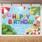 Lofaris Toile de fond joyeux anniversaire piscine avec ballons colorés et flamant rose, magnifique décor de fête d'été pour séance photo