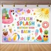 Lofaris Toile de fond joyeux anniversaire thème piscine avec flamant rose et glaces, décor coloré pour fête estivale et studio photo