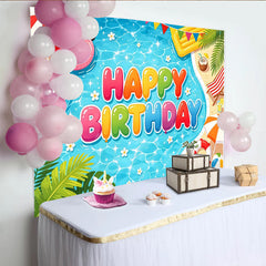Lofaris Toile de fond joyeux anniversaire piscine d'été colorée, flamant rose et ballons, arrière-plan idéal pour fête