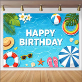 Lofaris Toile de fond joyeux anniversaire d'été piscine et plage, décor de fête tropicale pour célébration estivale et studio photo
