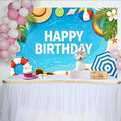 Lofaris Toile de fond joyeux anniversaire thème plage et été, avec palmiers coquillages et parasol, arrière-plan de fête estivale