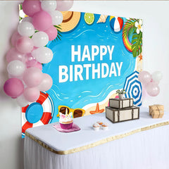 Lofaris Toile de fond joyeux anniversaire thème plage et été, avec palmiers coquillages et parasol, arrière-plan de fête estivale