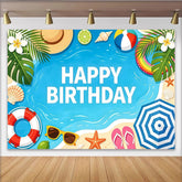 Lofaris Toile de fond joyeux anniversaire thème plage et été, avec palmiers coquillages et parasol, arrière-plan de fête estivale