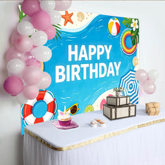 Lofaris Toile de fond joyeux anniversaire thème plage avec palmiers et mer bleue, décor estival avec bouée et parasol pour studio photo