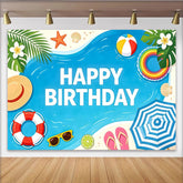 Lofaris Toile de fond joyeux anniversaire thème plage avec palmiers et mer bleue, décor estival avec bouée et parasol pour studio photo