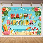 Lofaris Toile de fond joyeux anniversaire plage tropicale avec fruits et surf, arrière-plan coloré pour fête d'été et séance photo
