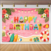 Lofaris Toile de fond anniversaire tropicale plage flamant rose et surf, décor coloré d'été pour fête et séance photo