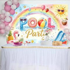 Lofaris Toile de fond de photographie d'été arc-en-ciel et flamant rose, arrière-plan coloré pour studio photo et fête de piscine