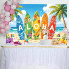 Lofaris Toile de fond de photographie de plage tropicale avec planches de surf Aloha, arrière-plan vibrant pour studio photo et fête d'été