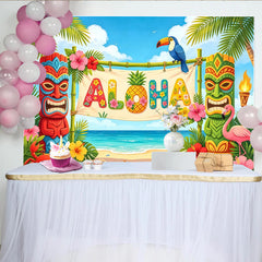 Lofaris Toile de fond de photographie tropicale Aloha avec tiki et flamant rose, magnifique décor de plage pour fête hawaïenne