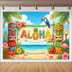 Lofaris Toile de fond de photographie tropicale Aloha avec tiki et flamant rose, magnifique décor de plage pour fête hawaïenne