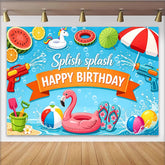 Lofaris Toile de fond joyeux anniversaire thème piscine éclaboussures et jeux, arrière-plan d'été pour fête et séance photo