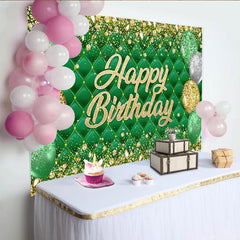 Lofaris Toile de fond anniversaire verte et or avec ballons et paillettes, magnifique décor de fête pour studio photo