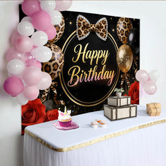 Lofaris Toile de fond anniversaire léopard noir et or avec ballons et roses, arrière-plan de fête chic pour studio photo