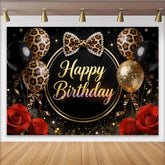 Lofaris Toile de fond anniversaire léopard noir et or avec ballons et roses, arrière-plan de fête chic pour studio photo