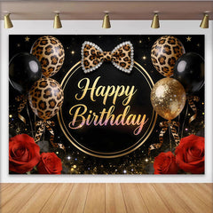 Lofaris Toile de fond anniversaire léopard noir et or avec ballons et roses, arrière-plan de fête chic pour studio photo