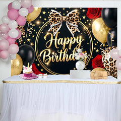 Lofaris Toile de fond anniversaire léopard noir et or avec roses rouges et ballons, magnifique décor de fête pour célébration et séance photo
