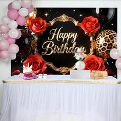 Lofaris Toile de fond anniversaire noir et or avec roses rouges et ballons, élégant arrière-plan de fête pour photographie et studio