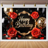 Lofaris Toile de fond anniversaire noir et or avec roses rouges et ballons, élégant arrière-plan de fête pour photographie et studio