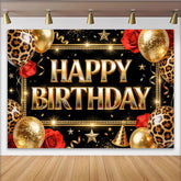 Lofaris Toile de fond joyeux anniversaire noir et or avec ballons léopard, magnifique décor de fête pour studio photo et célébration