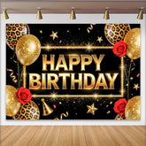 Lofaris Toile de fond joyeux anniversaire noir et or avec paillettes et ballons, élégant décor de fête pour célébration et séance photo
