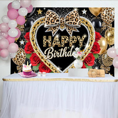 Lofaris Toile de fond d'anniversaire léopard or et roses rouges glamour, magnifique décor pour fête d'adultes et studio photo