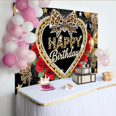 Lofaris Toile de fond d'anniversaire léopard or et roses rouges glamour, magnifique décor pour fête d'adultes et studio photo