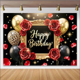 Lofaris Toile de fond joyeux anniversaire noir et or avec roses rouges, élégant décor de fête avec ballons et pétales pour studio photo