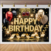 Lofaris Toile de fond joyeux anniversaire noir et or avec paillettes et ballons, magnifique décor de fête pour studio photo