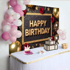 Lofaris Toile de fond anniversaire noir et or avec paillettes et ballons, élégant décor de fête pour studio photo