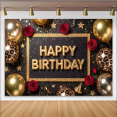 Lofaris Toile de fond anniversaire noir et or avec paillettes et ballons, élégant décor de fête pour studio photo