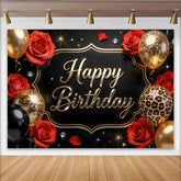 Lofaris Toile de fond joyeux anniversaire noir et or avec roses rouges et ballons, magnifique décor de fête avec imprimé léopard