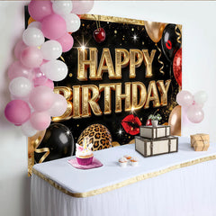 Lofaris Toile de fond joyeux anniversaire noir et or avec ballons et paillettes, décor chic pour fête d'anniversaire et séance photo