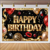 Lofaris Toile de fond joyeux anniversaire noir et or avec ballons et paillettes, décor chic pour fête d'anniversaire et séance photo