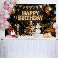 Lofaris Toile de fond joyeux anniversaire léopard noir et or avec ballons dorés, élégant décor matelassé pour fête ou séance photo
