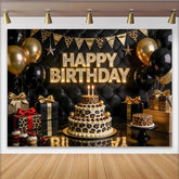 Lofaris Toile de fond joyeux anniversaire léopard noir et or avec ballons dorés, élégant décor matelassé pour fête ou séance photo