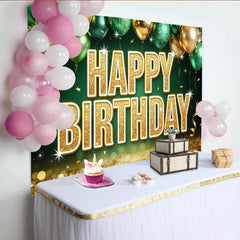 Lofaris Toile de fond joyeux anniversaire or et vert pailleté avec ballons, magnifique décor de fête pour studio photo