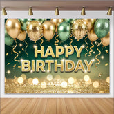 Lofaris Toile de fond joyeux anniversaire or et vert, avec ballons et paillettes, superbe arrière-plan scintillant pour fête et photographie