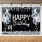Lofaris Toile de fond anniversaire noir et argent avec paillettes et ballons, décor chic et étincelant pour fête d'adultes