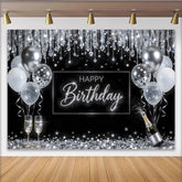 Lofaris Toile de fond noire et argentée joyeux anniversaire avec ballons et paillettes, magnifique décor de fête pour célébration adulte