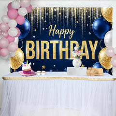 Lofaris Toile de fond d'anniversaire bleu et or avec paillettes et ballons, magnifique décor de fête pour célébration et séance photo
