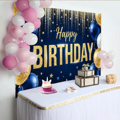 Lofaris Toile de fond d'anniversaire bleu et or avec paillettes et ballons, magnifique décor de fête pour célébration et séance photo