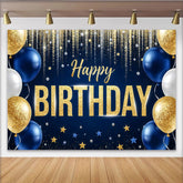 Lofaris Toile de fond d'anniversaire bleu et or avec paillettes et ballons, magnifique décor de fête pour célébration et séance photo