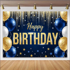 Lofaris Toile de fond d'anniversaire bleu et or avec paillettes et ballons, magnifique décor de fête pour célébration et séance photo