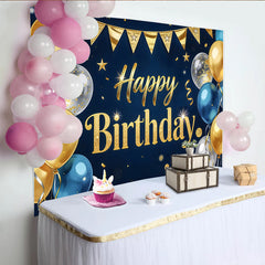 Lofaris Toile de fond joyeux anniversaire bleu et or avec ballons et paillettes, élégant arrière-plan de fête pour décoration et séance photo