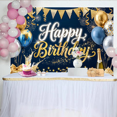 Lofaris Toile de fond joyeux anniversaire or et bleu avec ballons et confettis, magnifique décor de célébration pour adultes et studio photo