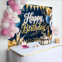 Lofaris Toile de fond joyeux anniversaire or et bleu avec ballons et confettis, magnifique décor de célébration pour adultes et studio photo