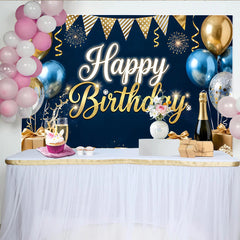 Lofaris Toile de fond joyeux anniversaire bleu et or avec ballons et paillettes, élégant décor de fête pour studio photo