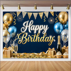 Lofaris Toile de fond joyeux anniversaire bleu et or avec ballons et paillettes, élégant décor de fête pour studio photo