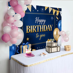 Lofaris Toile de fond pour anniversaire bleu et or avec ballons et cadeaux, élégant décor de fête avec étoiles et paillettes